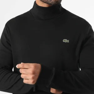 Pull Col Roulé Logo Brodé Crocodile Noir